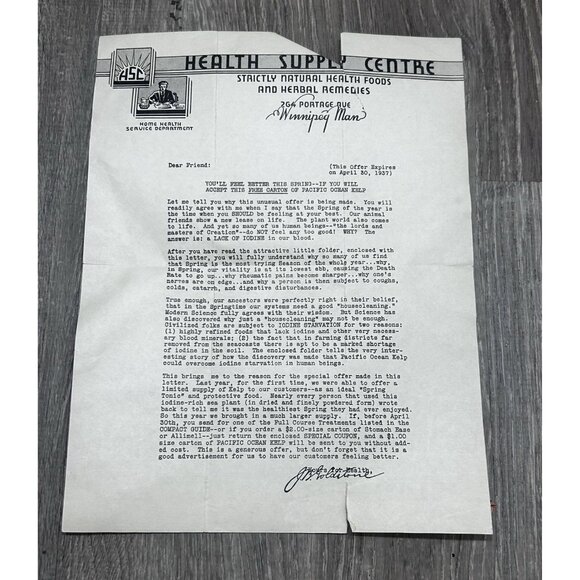 Vintage  Promotional Letter from Health Supply Centre April 30, 1937 - Picture 1 of 7